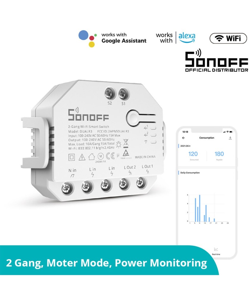 GloboStar® 80006 SONOFF DUALR3 - Wi-Fi Smart Switch Two Way Dual Relay & Power Measuring - 2 Output Channel